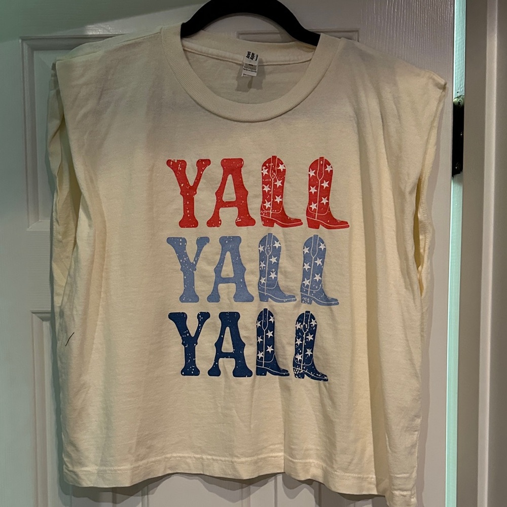 American Apparel small Cream Graphic Tee with Red and Blue Boots. Yall logo.